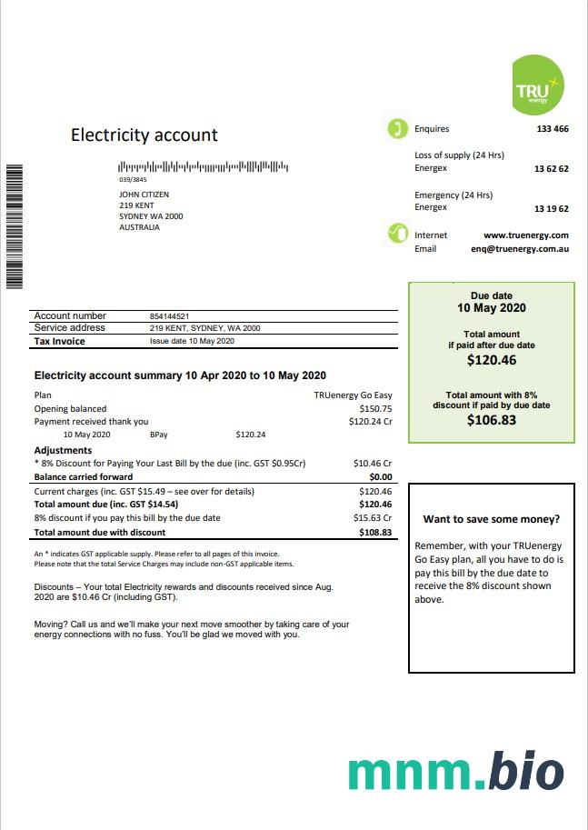 Australia Tru Energy elektryczność rachunek za media szablon w formacie Word i PDF